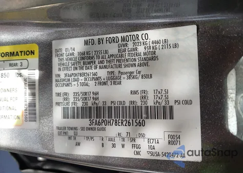 2014 Ford Fusion Se из США, поврежденный, VIN 3FA6P0H78ER261560